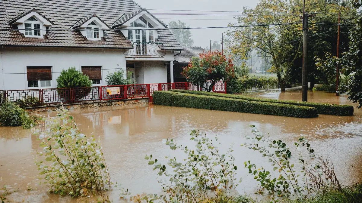 Flooded front yard and street beside a white house