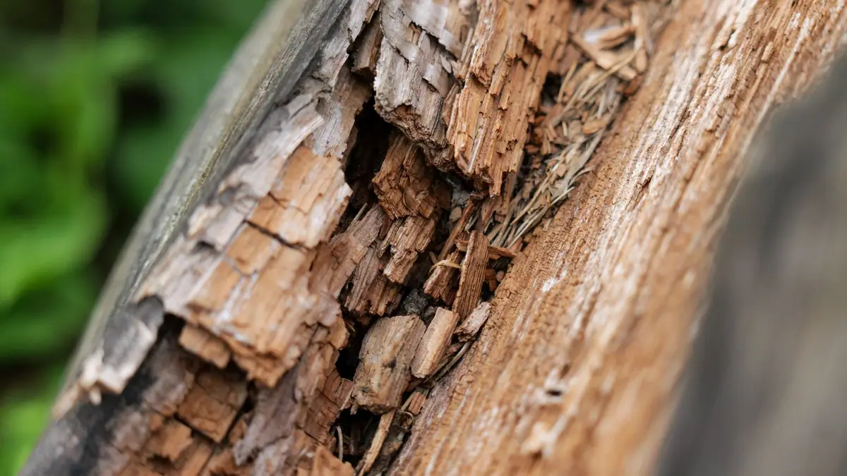 Close-up of rotting wood with peeling, crumbling grain