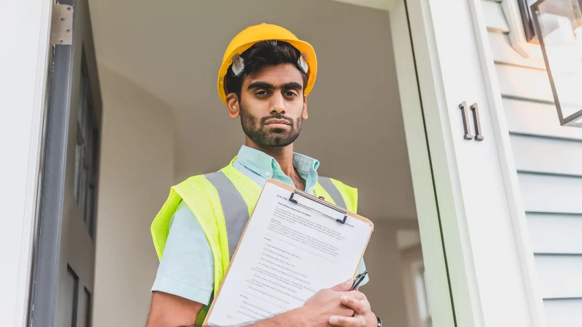 Inspector in a hard hat and safety vest holding a clipboard at a home entrance