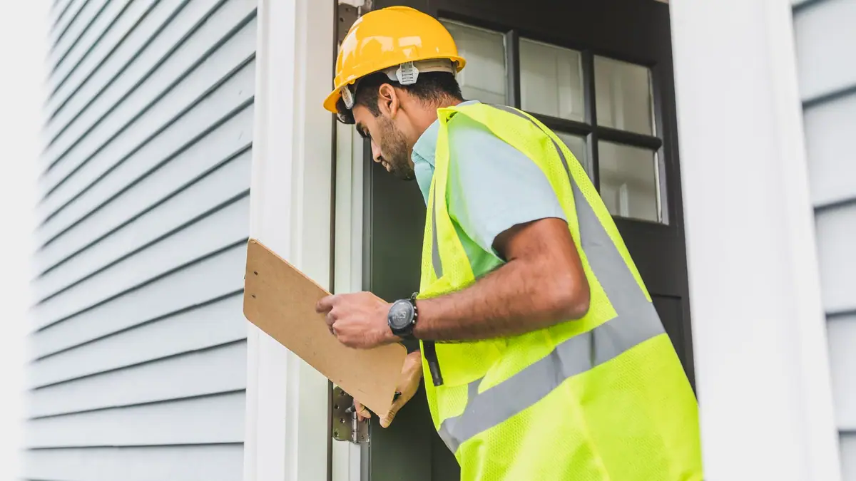 Inspector in a hard hat writing on a clipboard beside a home's front door