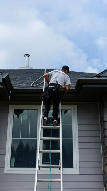 Installer on a ladder working on the gutter of a gray home with stone columns