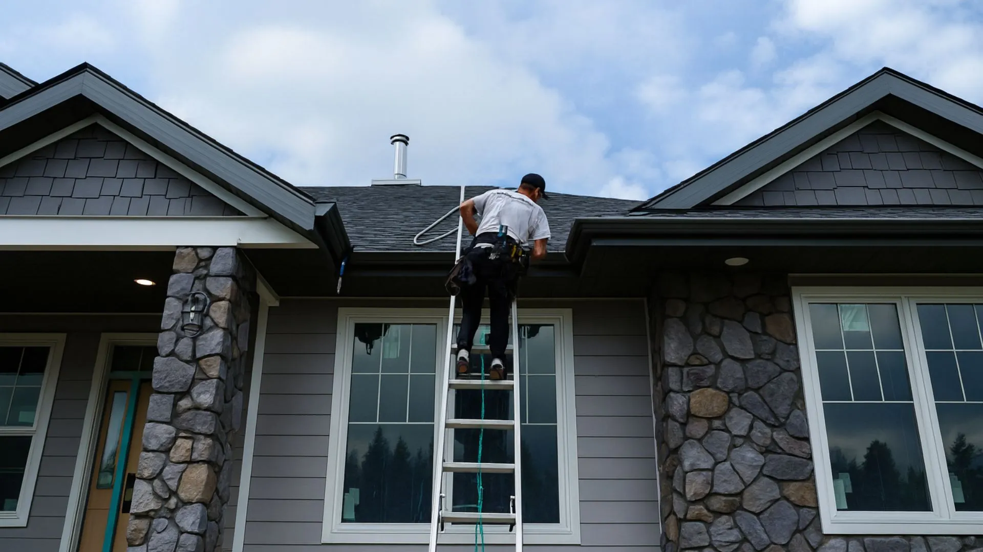 Installer on a ladder working on the gutter of a gray home with stone columns