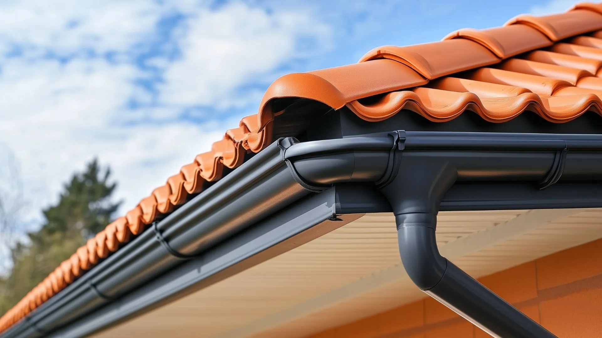 Close-up of a dark seamless gutter and downspout under a terracotta tile roof